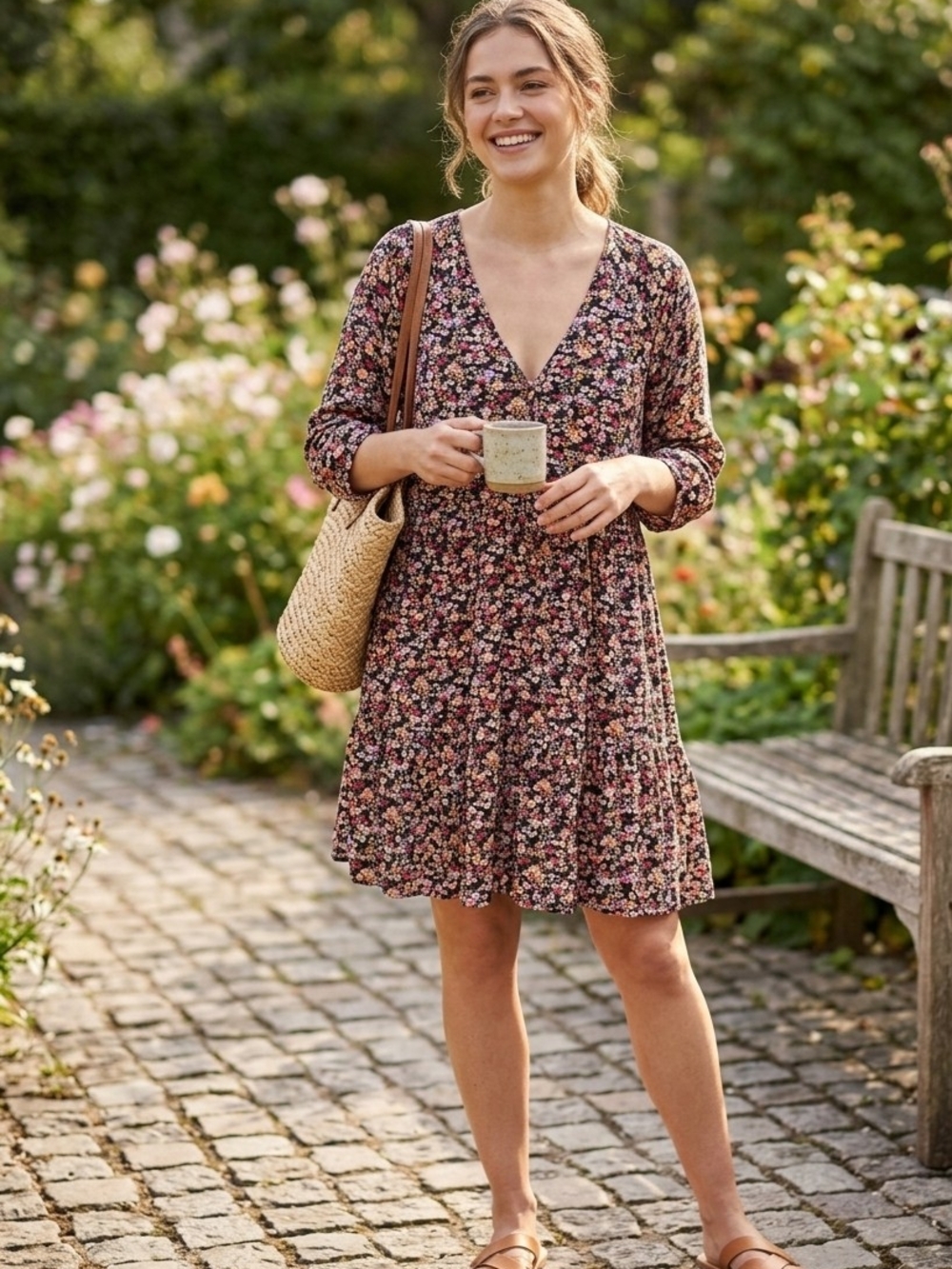 American Eagle Outfitters Floral V-Neck Tiered Midi Dress - Black Multi Size XL